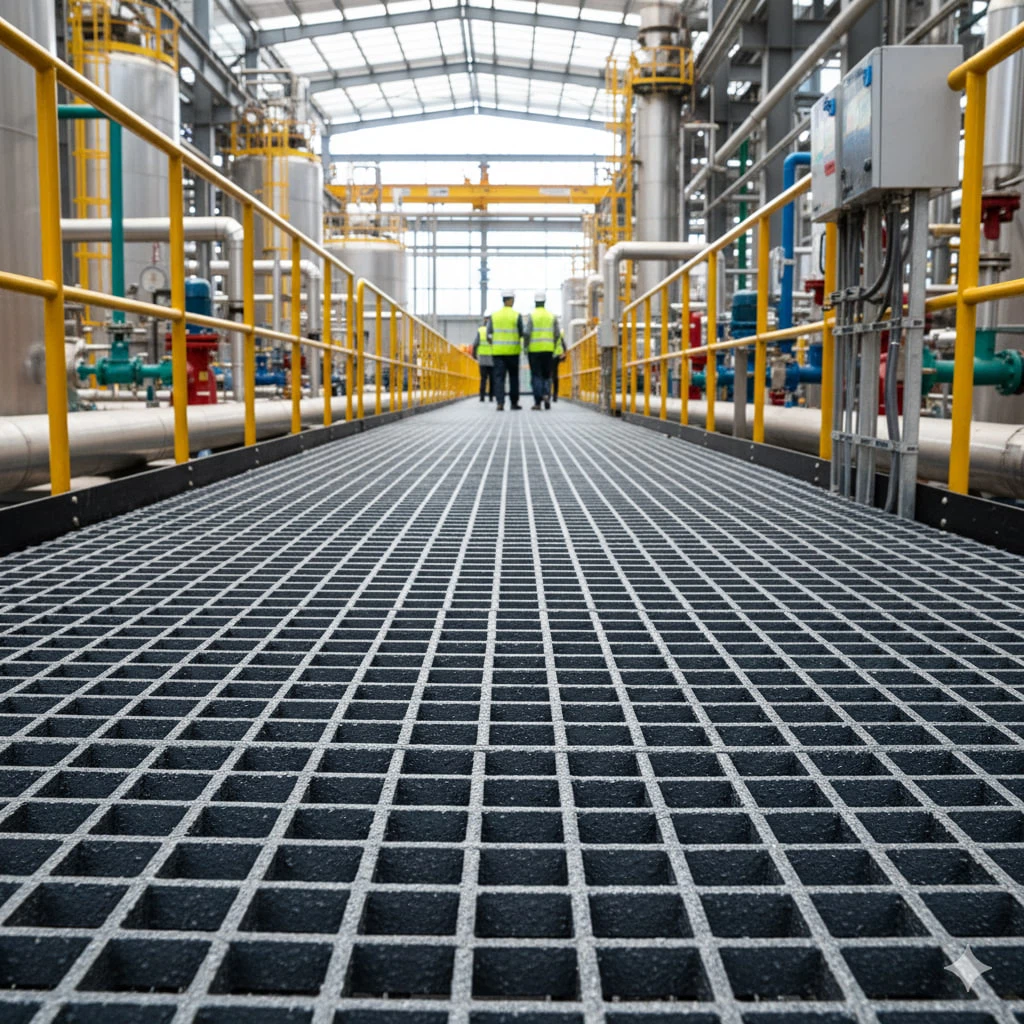 FRP pultruded grating installed in a chemical plant for safe flooring FRP pultruded grating installed in a chemical plant for safe flooring